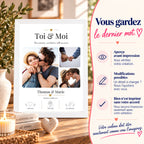 Affiche couple Toi & Moi dans un cadre blanc avec présentation de la validation de maquette et des modifications possibles avant impression.