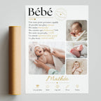 Cadeau de naissance personnalisé avec photos, prénom, date, heure, poids, taille et lieu de naissance de bébé.