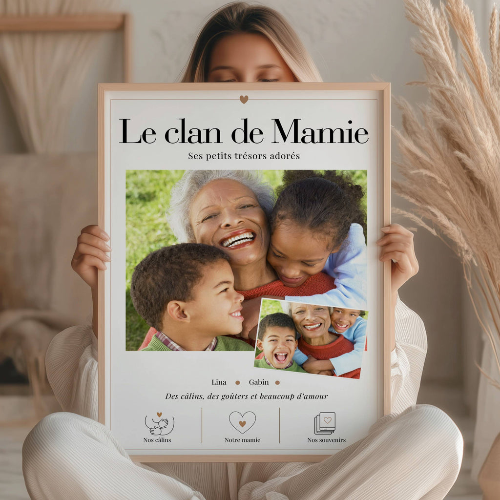 Cadeau mamie personnalisé avec photos, affiche Le clan de Mamie avec prénoms des petits-enfants