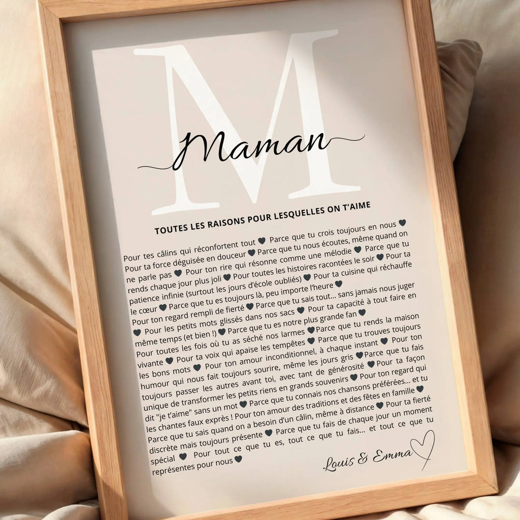 Cadeau maman original affiche personnalisée avec texte amour famille