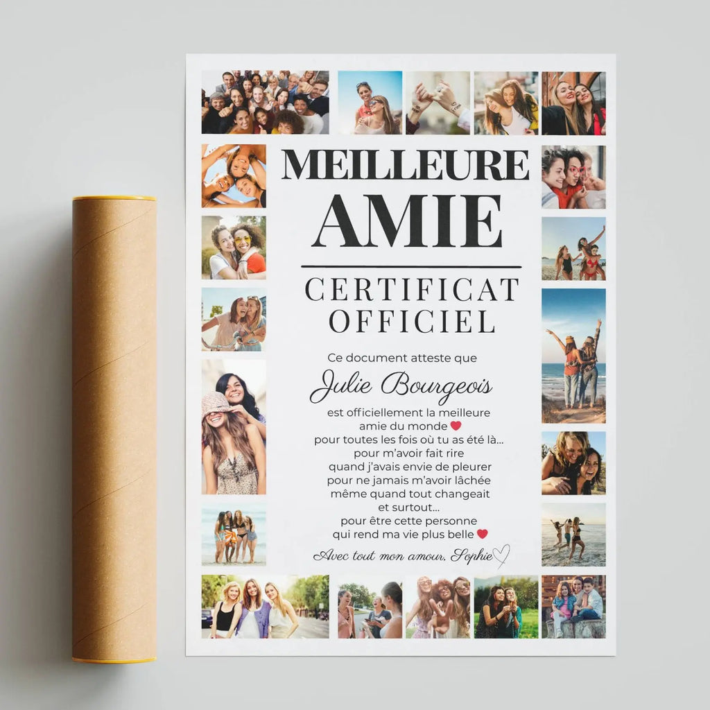 Collage photos certificat meilleure amie personnalisée souvenir moments partagés