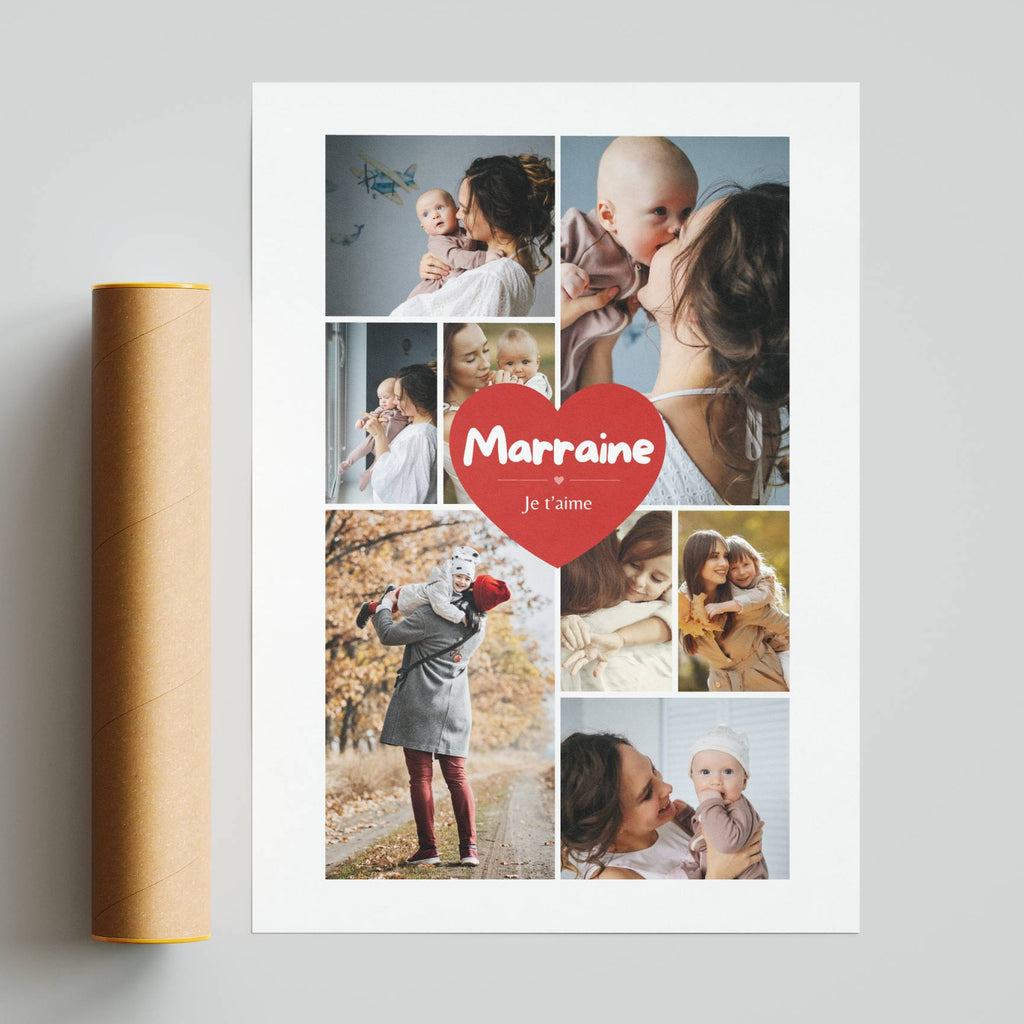 Collage de photos souvenirs entre une marraine et son filleul sur affiche personnalisée pleine d'émotion