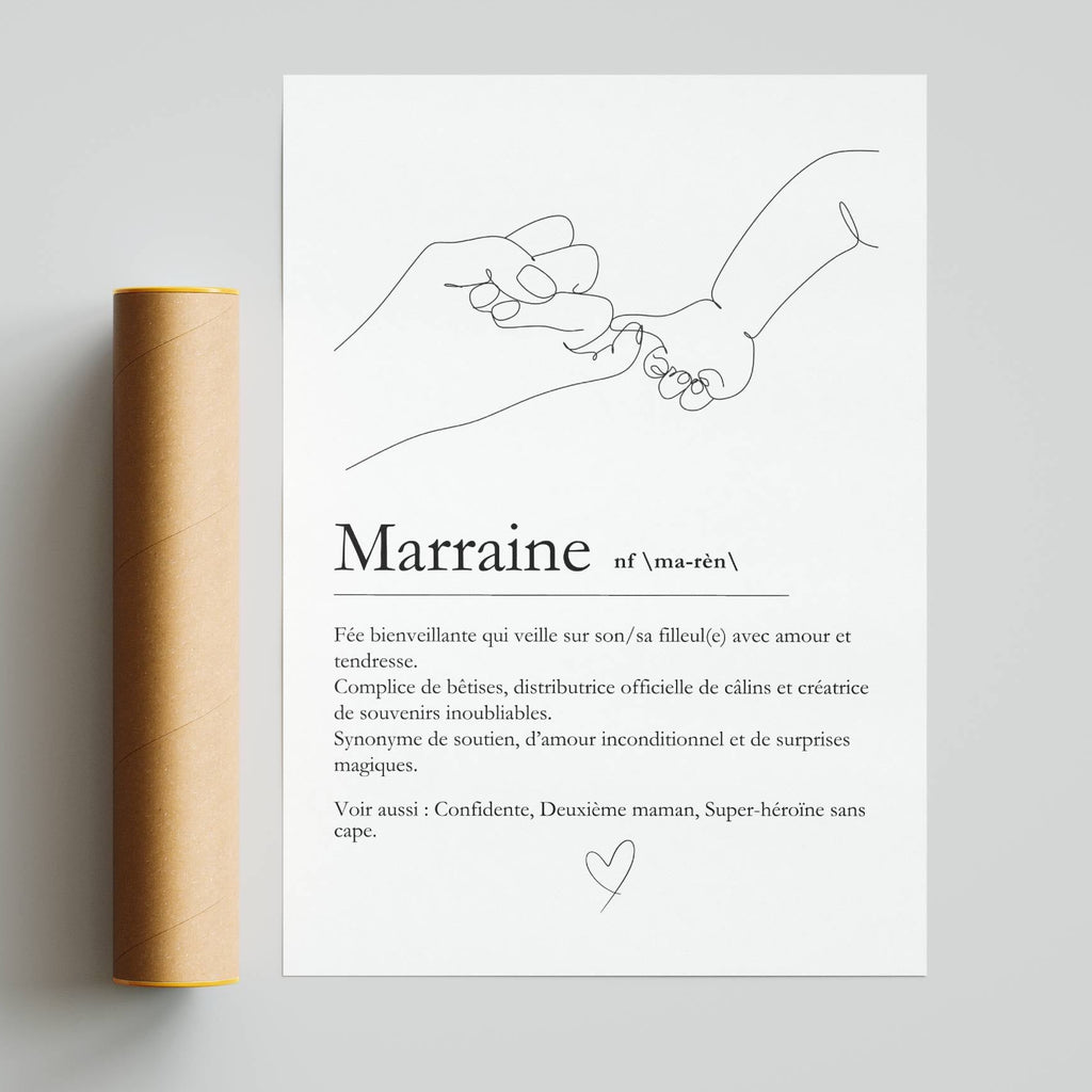 Texte définition marraine avec message affectueux et symbolique imprimé sur affiche décorative élégante