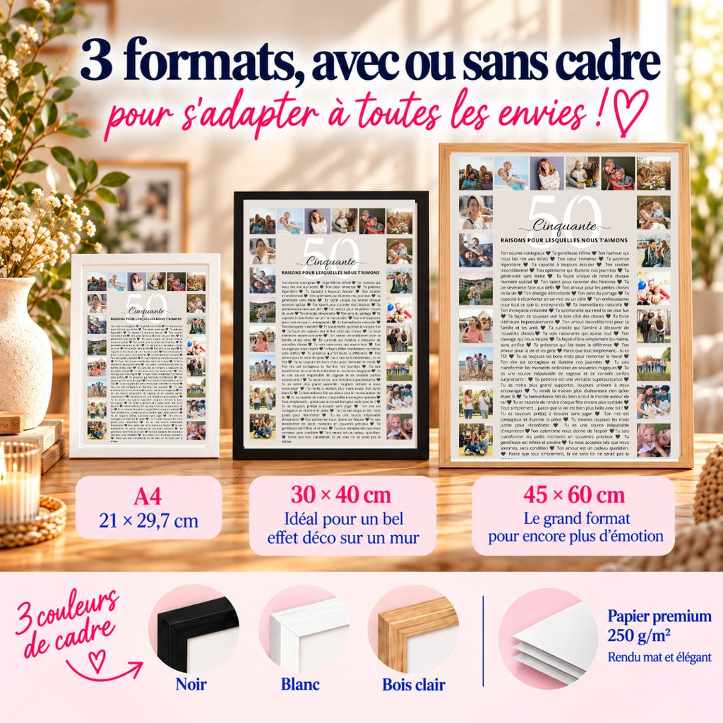 Comparaison des formats d’affiche personnalisée A4, 30 × 40 cm et 45 × 60 cm, avec cadres noir, blanc ou bois clair.