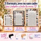 Comparaison des formats d’affiche personnalisée A4, 30 × 40 cm et 45 × 60 cm, avec cadres noir, blanc ou bois clair.