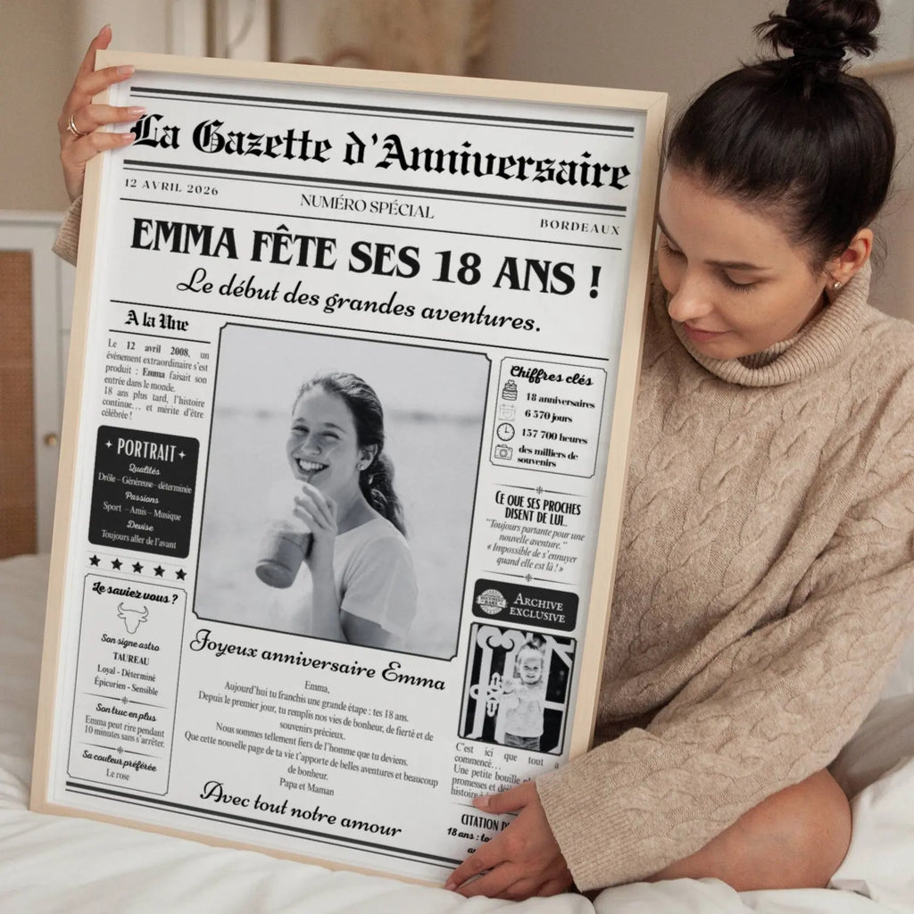 Affiche gazette anniversaire personnalisée pour fille de 18 ans avec titre de journal et message personnalisé.