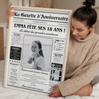 Affiche gazette anniversaire personnalisée pour fille de 18 ans avec titre de journal et message personnalisé.