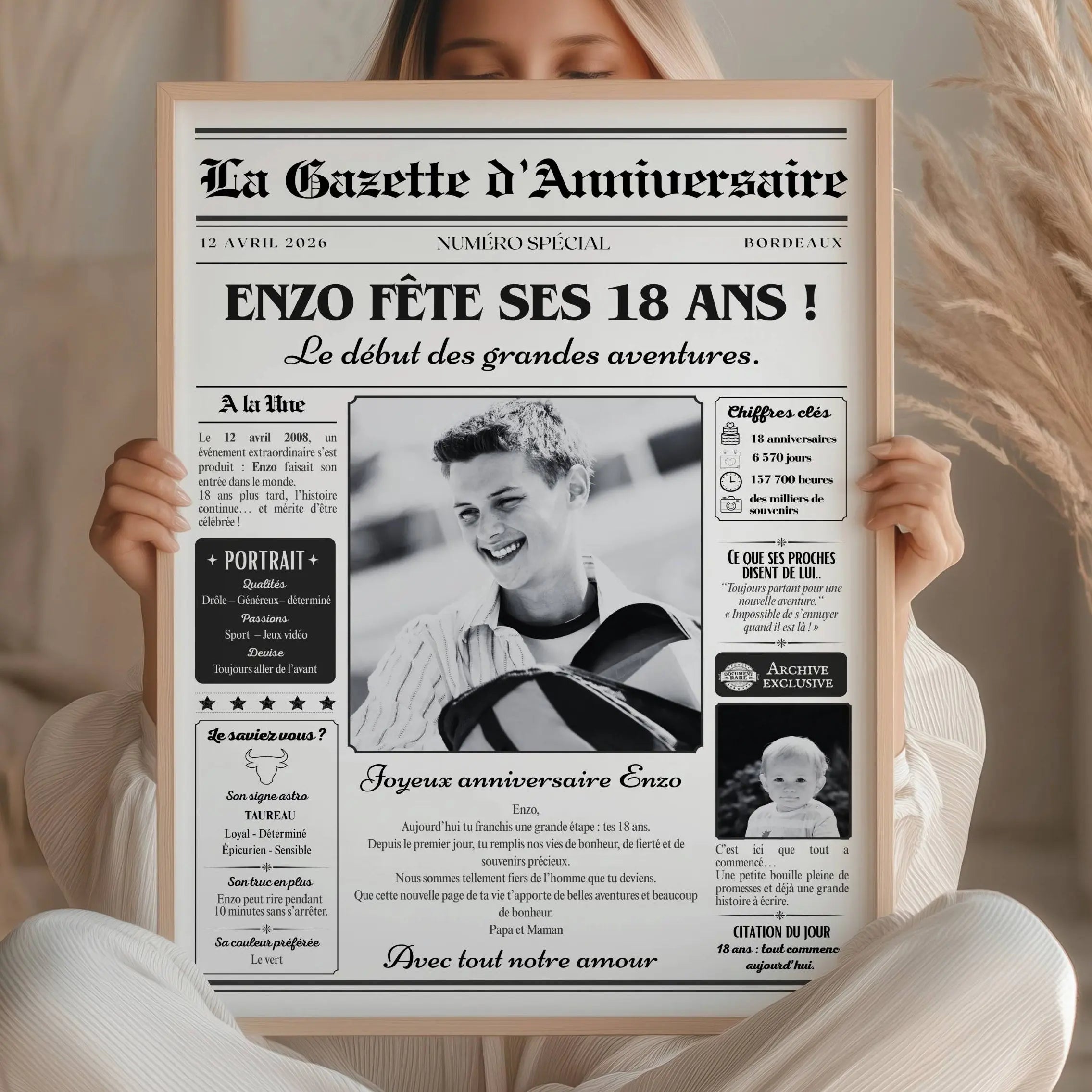 Affiche gazette anniversaire 18 ans personnalisée pour garçon avec titre de journal humoristique et texte personnalisé.