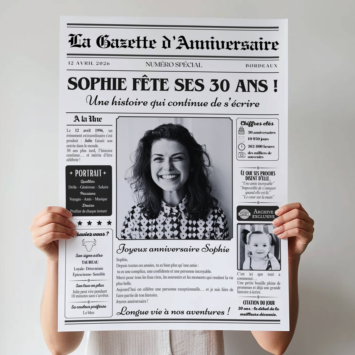 Gazette d’anniversaire personnalisée 30 ans pour femme avec photo et prénom