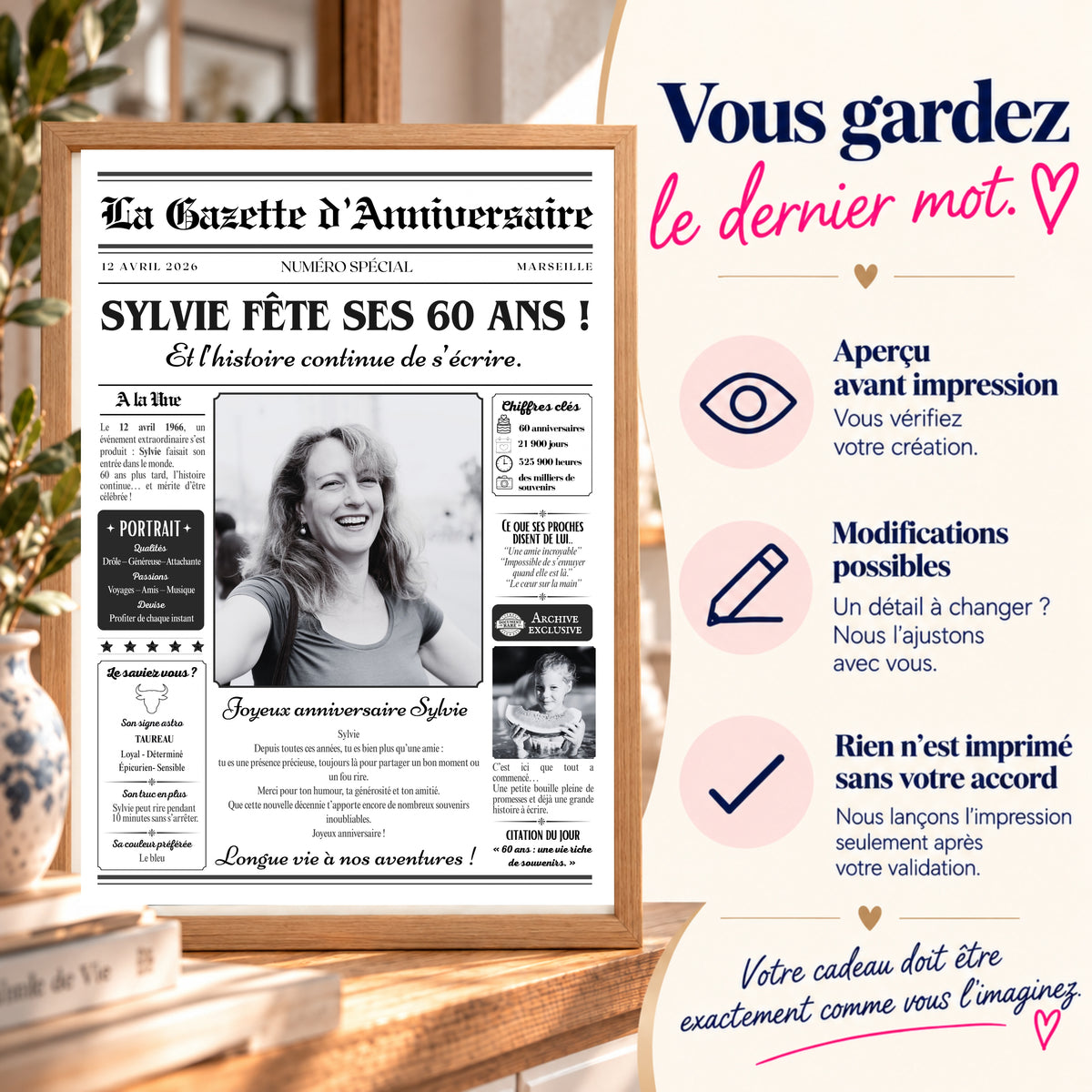 Cadeau personnalisé 60 ans avec aperçu et validation de la gazette avant impression