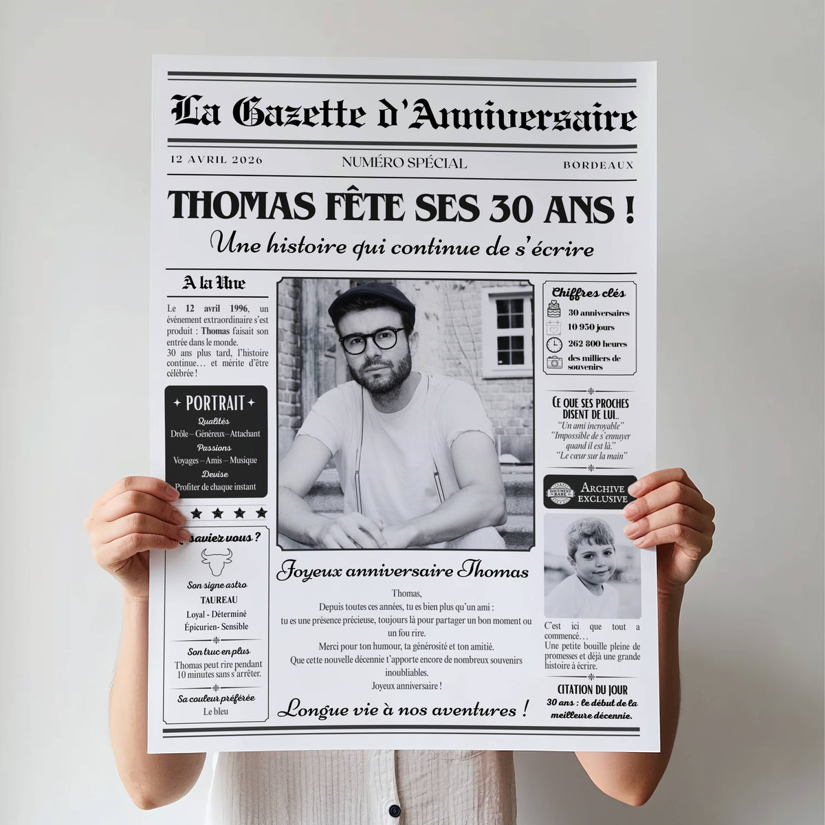 Gazette d’anniversaire personnalisée pour homme de 30 ans avec photo et prénom