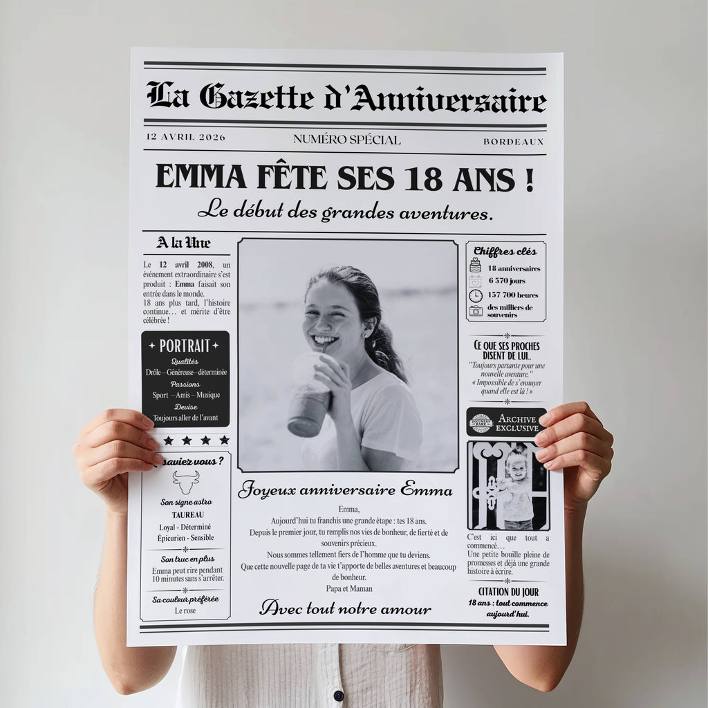 Gazette d’anniversaire personnalisée pour les 18 ans d’une fille avec photo et prénom