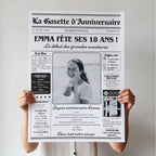 Gazette d’anniversaire personnalisée pour les 18 ans d’une fille avec photo et prénom