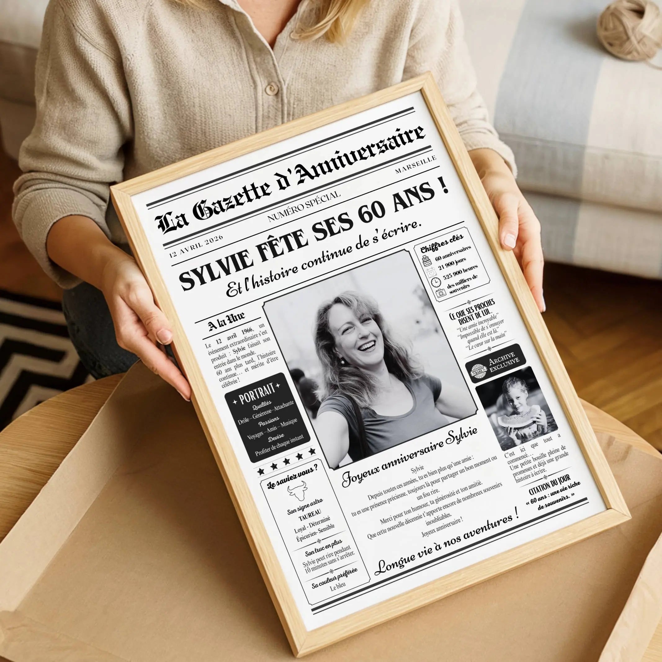 Affiche anniversaire humour personnalisée pour célébrer les 60 ans avec texte personnalisé.