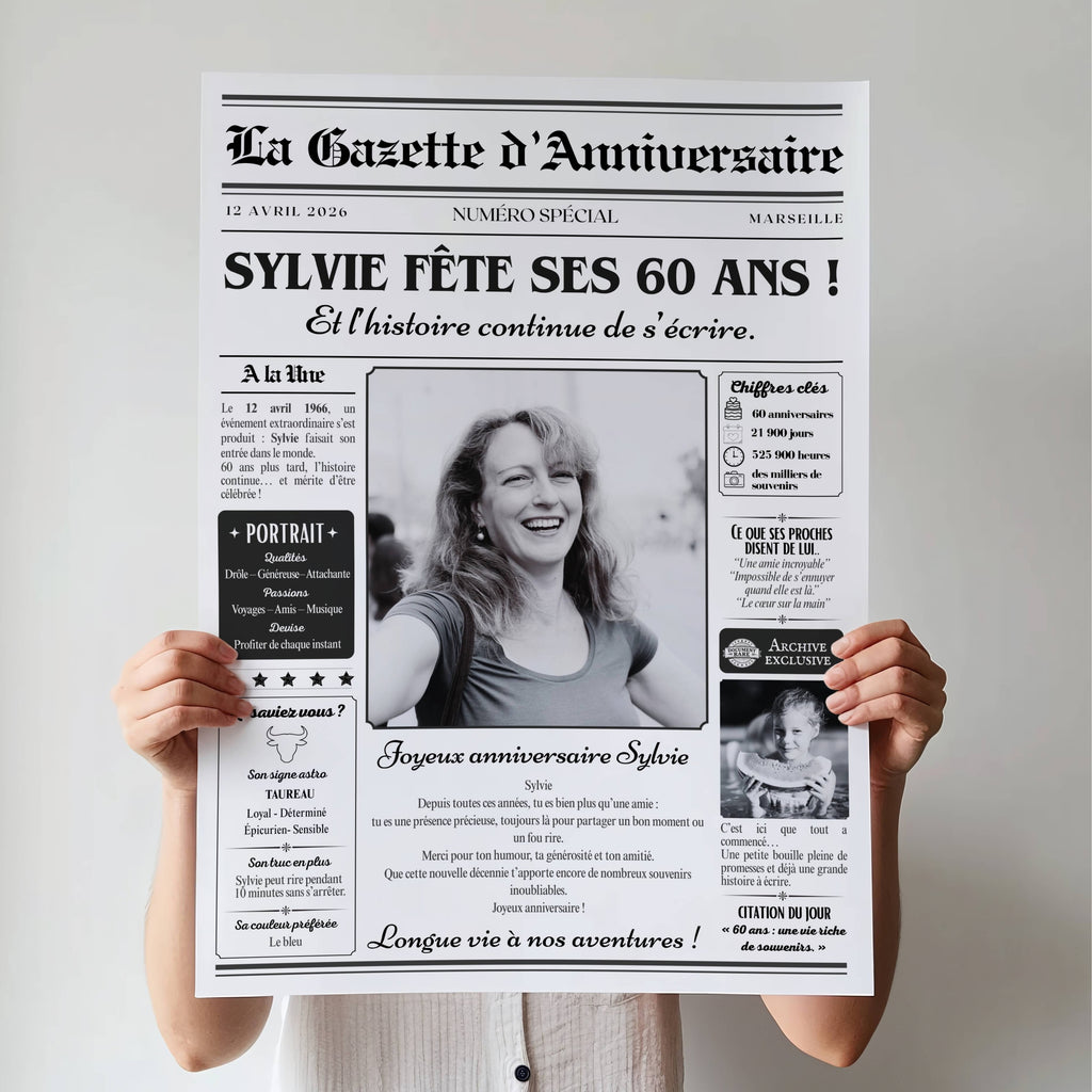 Gazette d'anniversaire personnalisée pour femme de 60 ans avec photo et prénom