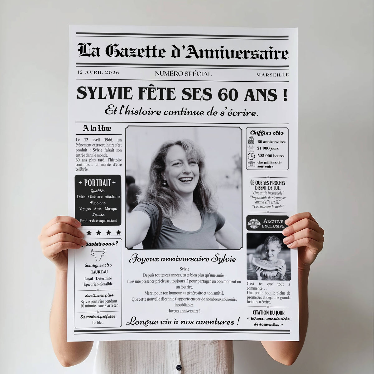 Gazette d'anniversaire personnalisée pour femme de 60 ans avec photo et prénom