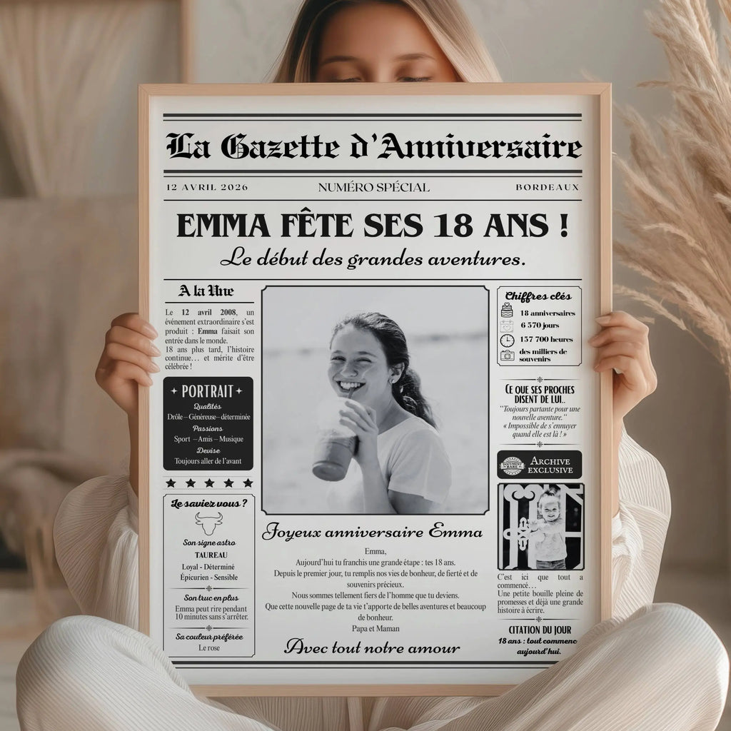 Gazette anniversaire personnalisée pour une fille de 18 ans, cadeau original et souvenir unique.