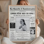 Gazette anniversaire personnalisée pour une fille de 18 ans, cadeau original et souvenir unique.