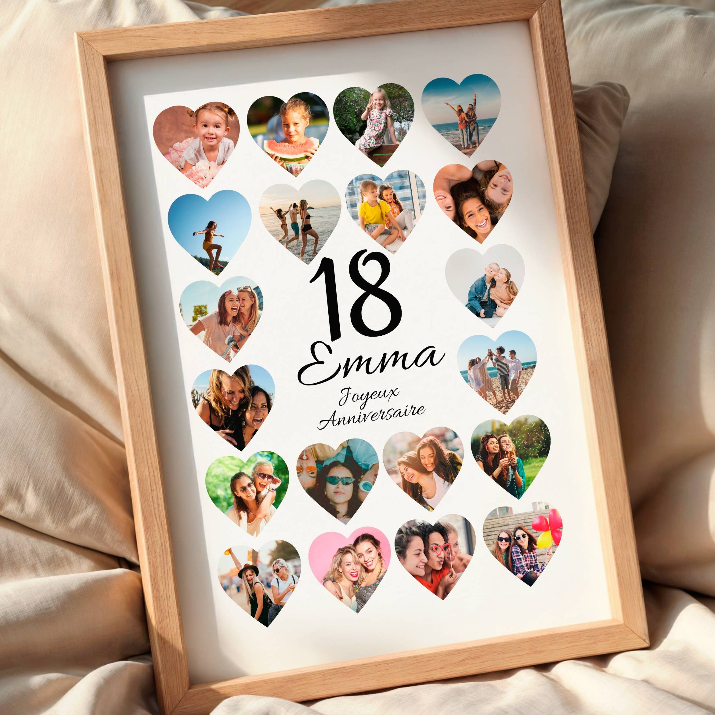 Cadeau anniversaire 18 ans original avec affiche photo personnalisée en forme de cœur