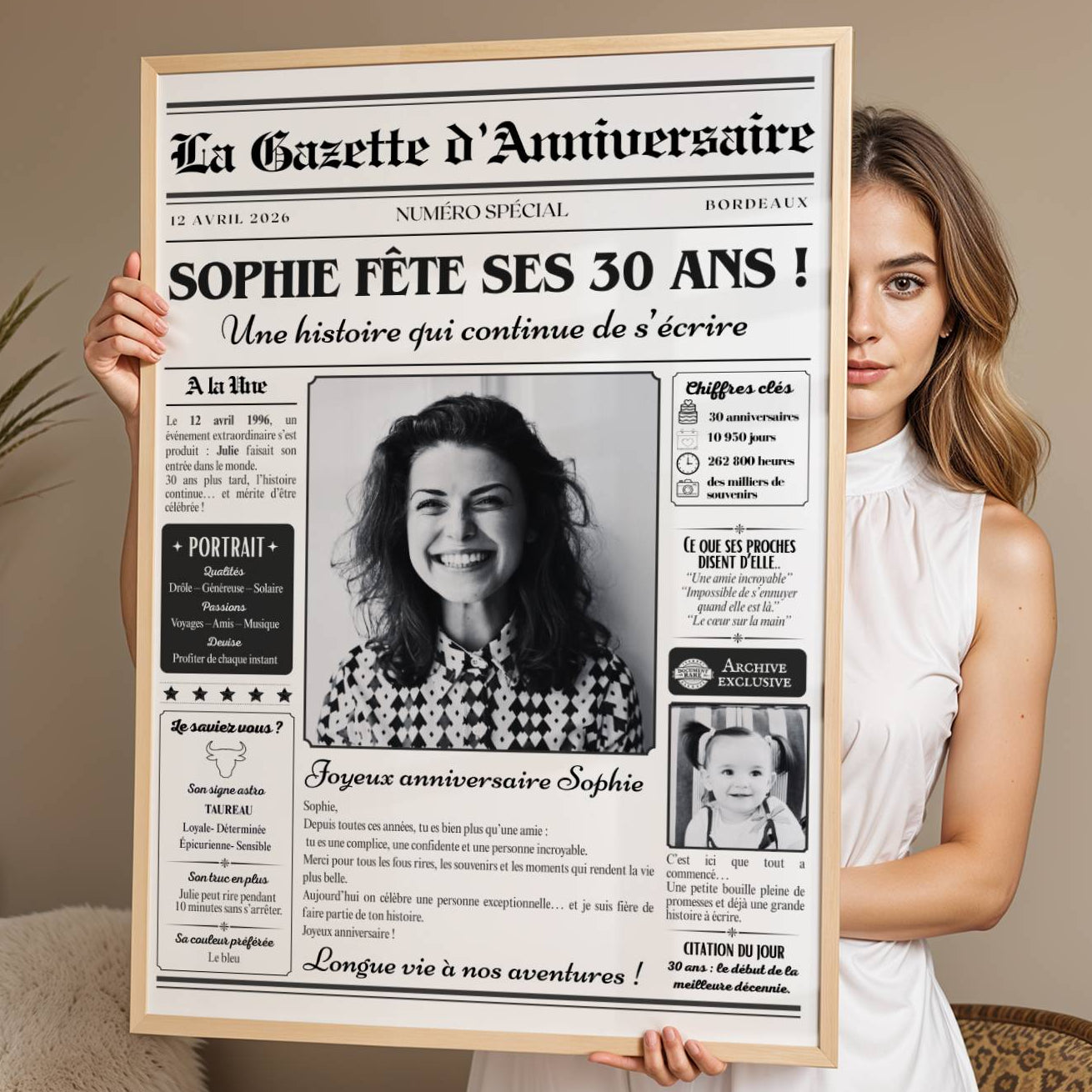 Idée cadeau 30 ans femme avec affiche Gazette personnalisée, photo et souvenirs marquants