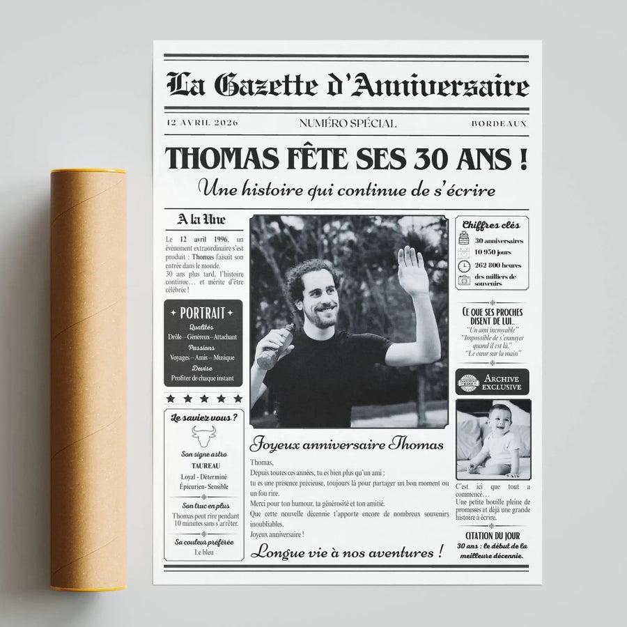 Idée cadeau 30 ans homme avec affiche personnalisée style gazette souvenir