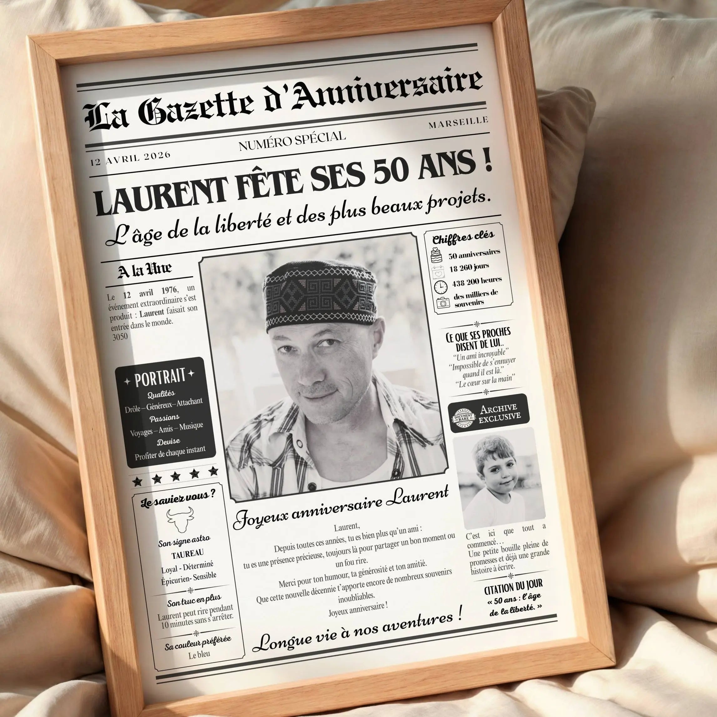 Idée cadeau originale pour un homme de 50 ans : affiche gazette anniversaire personnalisée façon journal.