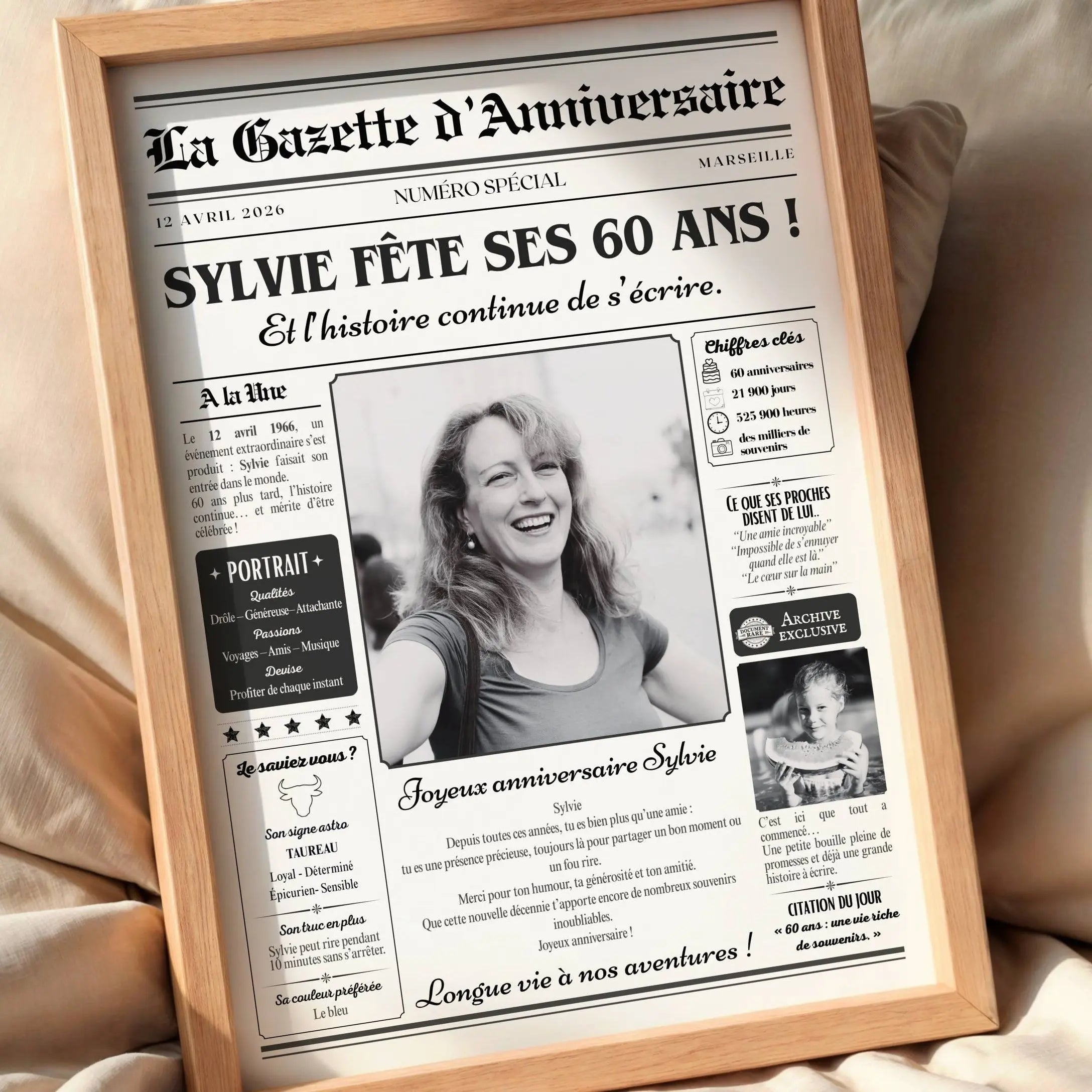 Idée cadeau originale pour une femme de 60 ans : affiche gazette anniversaire personnalisée façon journal.