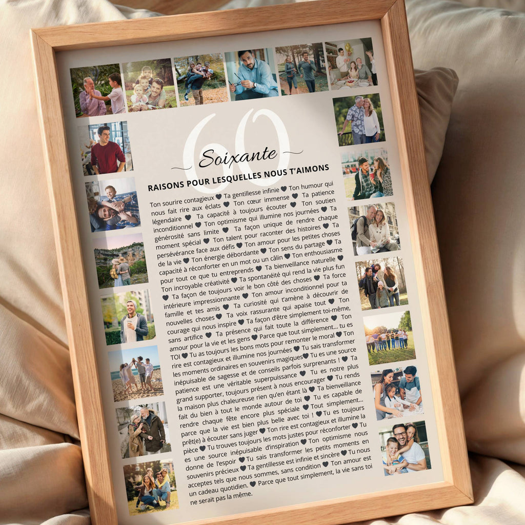 Idée cadeau 60 ans papa personnalisée avec 60 raisons d’amour et collage photos famille plein d’émotion