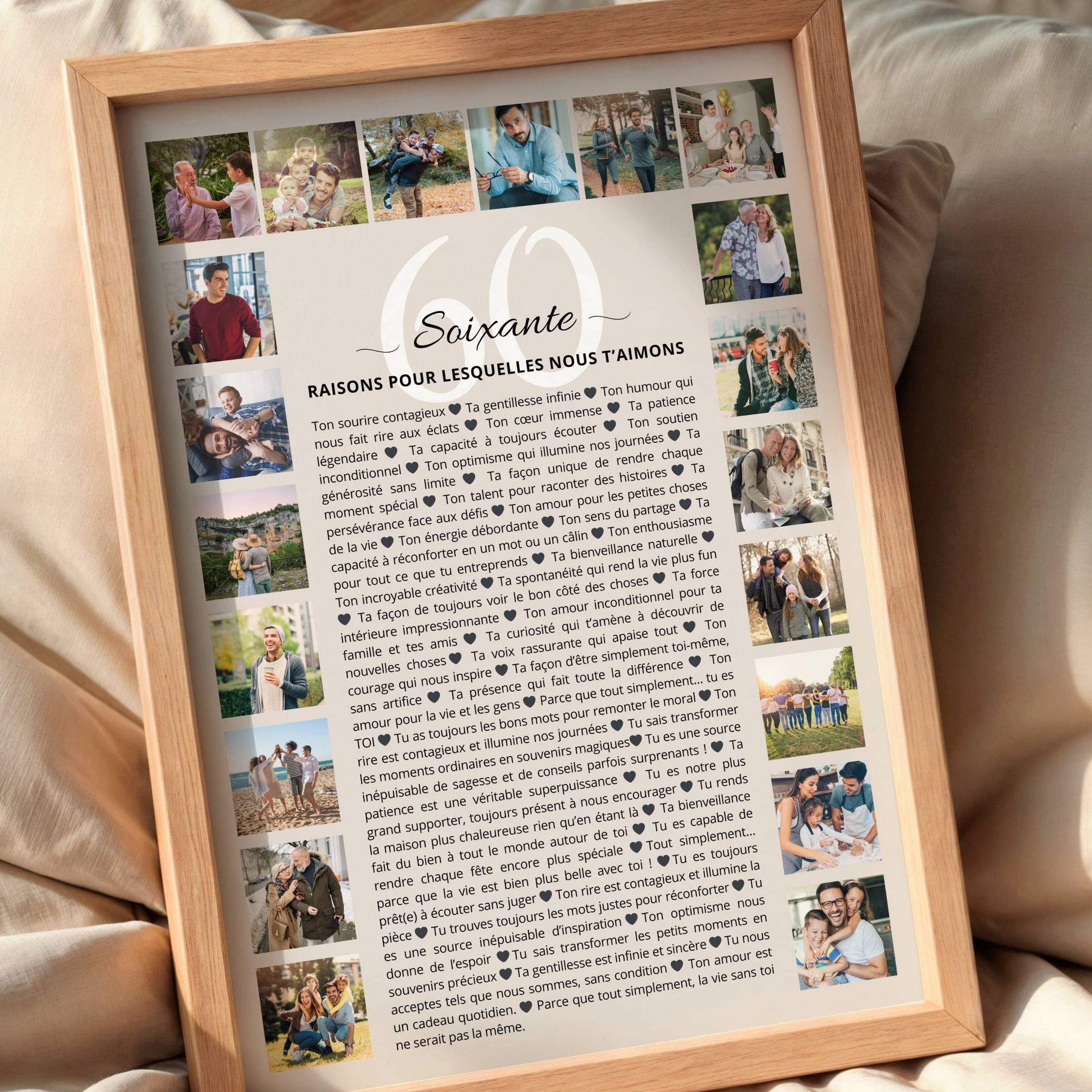 Idée cadeau 60 ans papa personnalisée avec 60 raisons d’amour et collage photos famille plein d’émotion