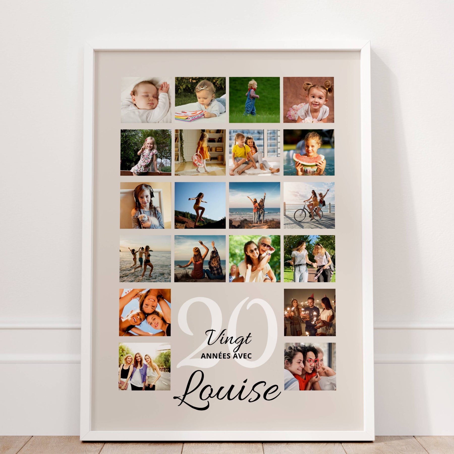 Cadeau photo pour 20 ans avec affiche personnalisée retraçant les souvenirs marquants de l'enfance jusqu'à aujourd'hui