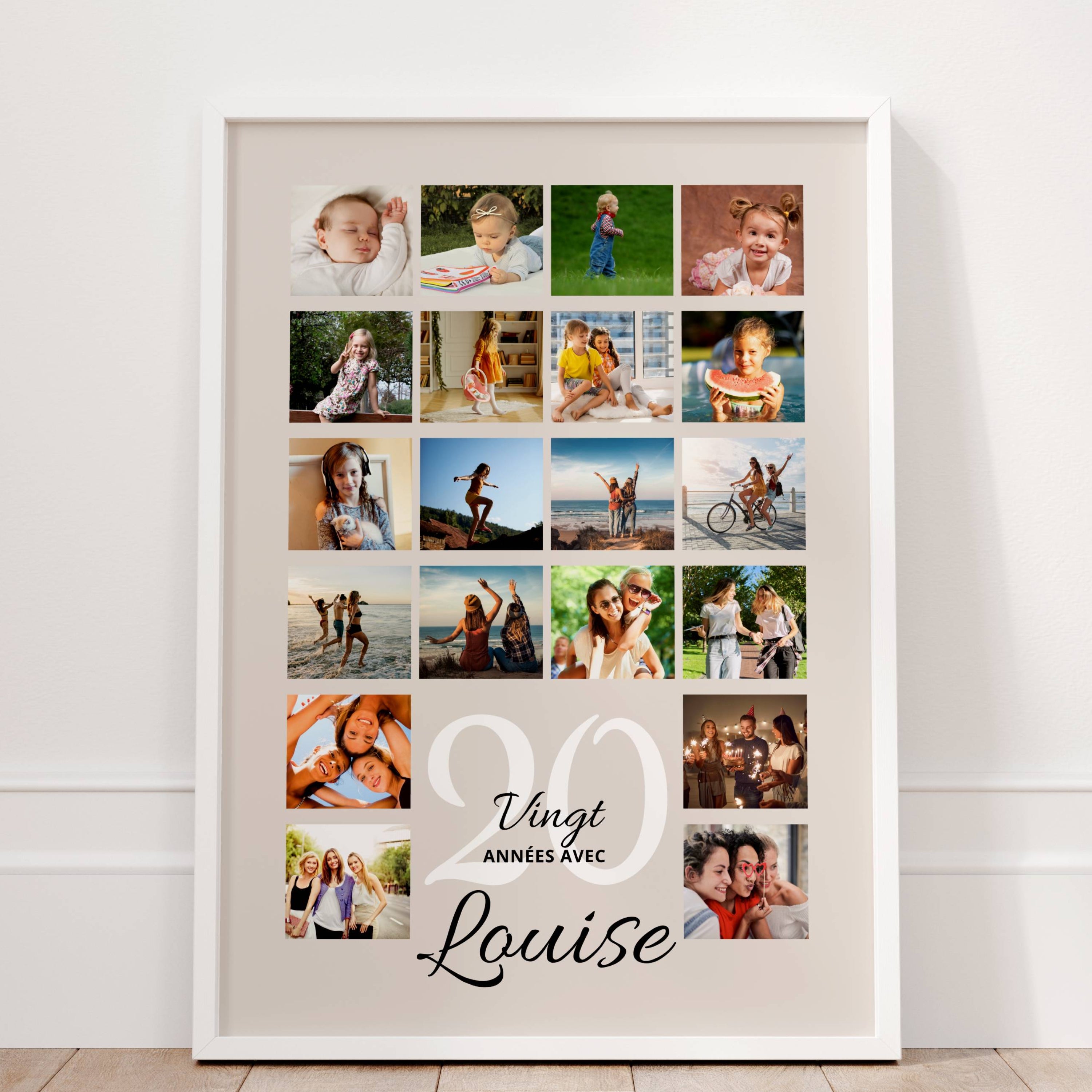 Cadeau photo pour 20 ans avec affiche personnalisée retraçant les souvenirs marquants de l'enfance jusqu'à aujourd'hui