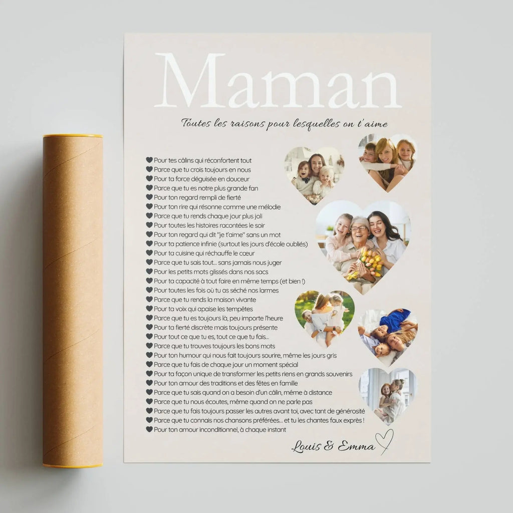 Idée cadeau maman originale affiche personnalisée avec photos souvenirs et texte toutes les raisons pour lesquelles on t’aime.