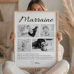 Idée cadeau marraine pour baptême avec photos personnalisées, affiche souvenir élégante à offrir pour une occasion spéciale.