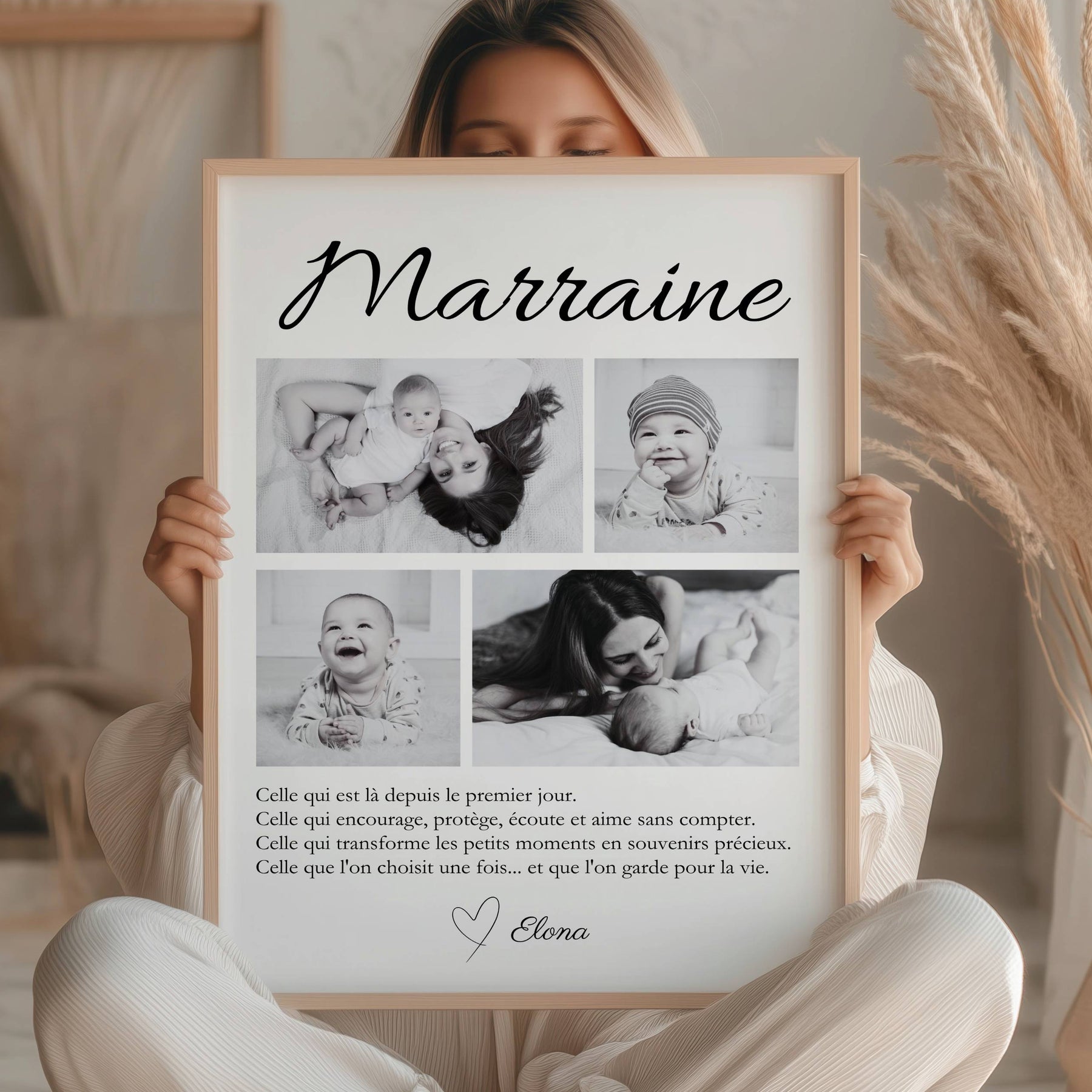 Idée cadeau marraine pour baptême avec photos personnalisées, affiche souvenir élégante à offrir pour une occasion spéciale.