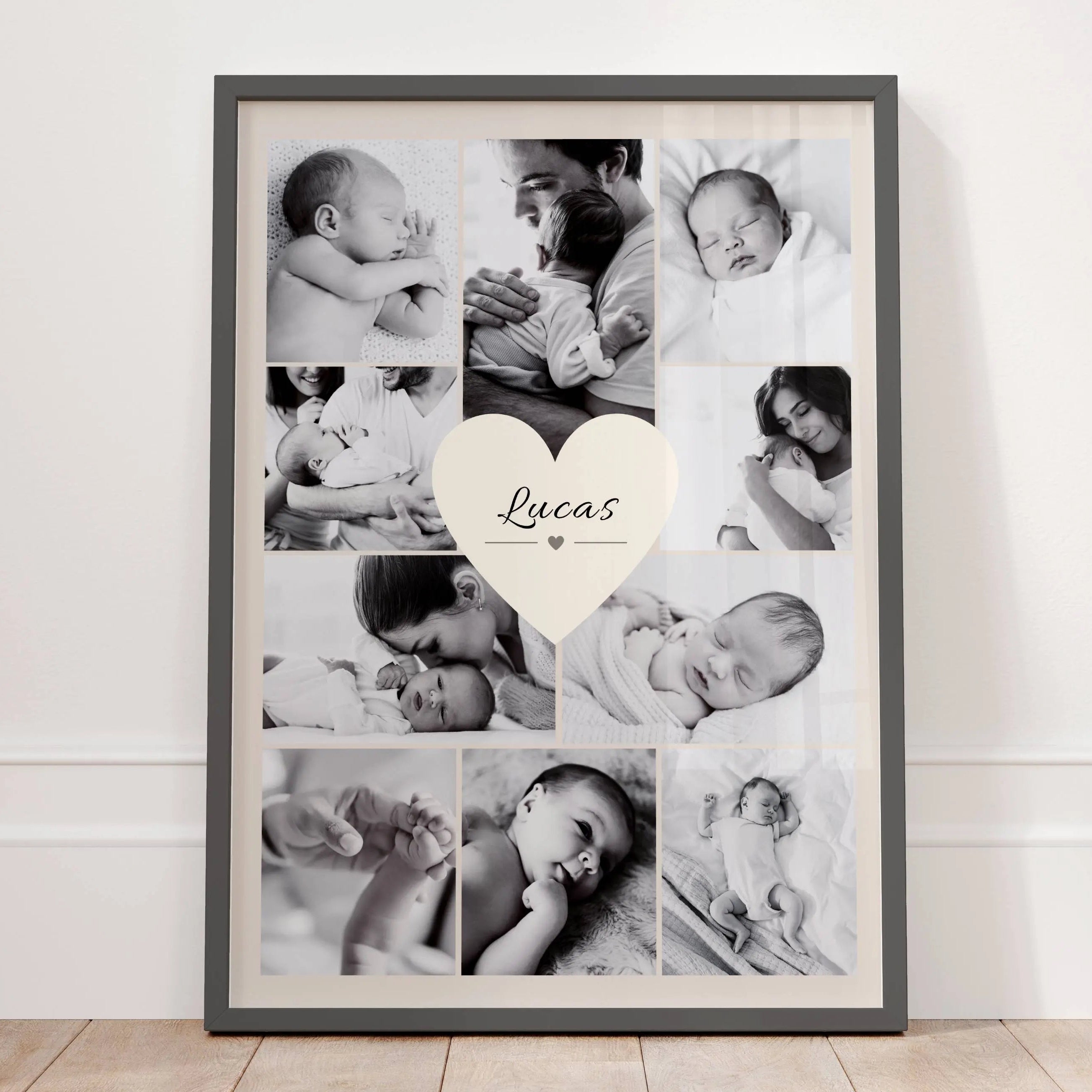 Cadeau naissance personnalisé avec photos de bébé et prénom au centre, affiche souvenir naissance élégante pour jeune parent