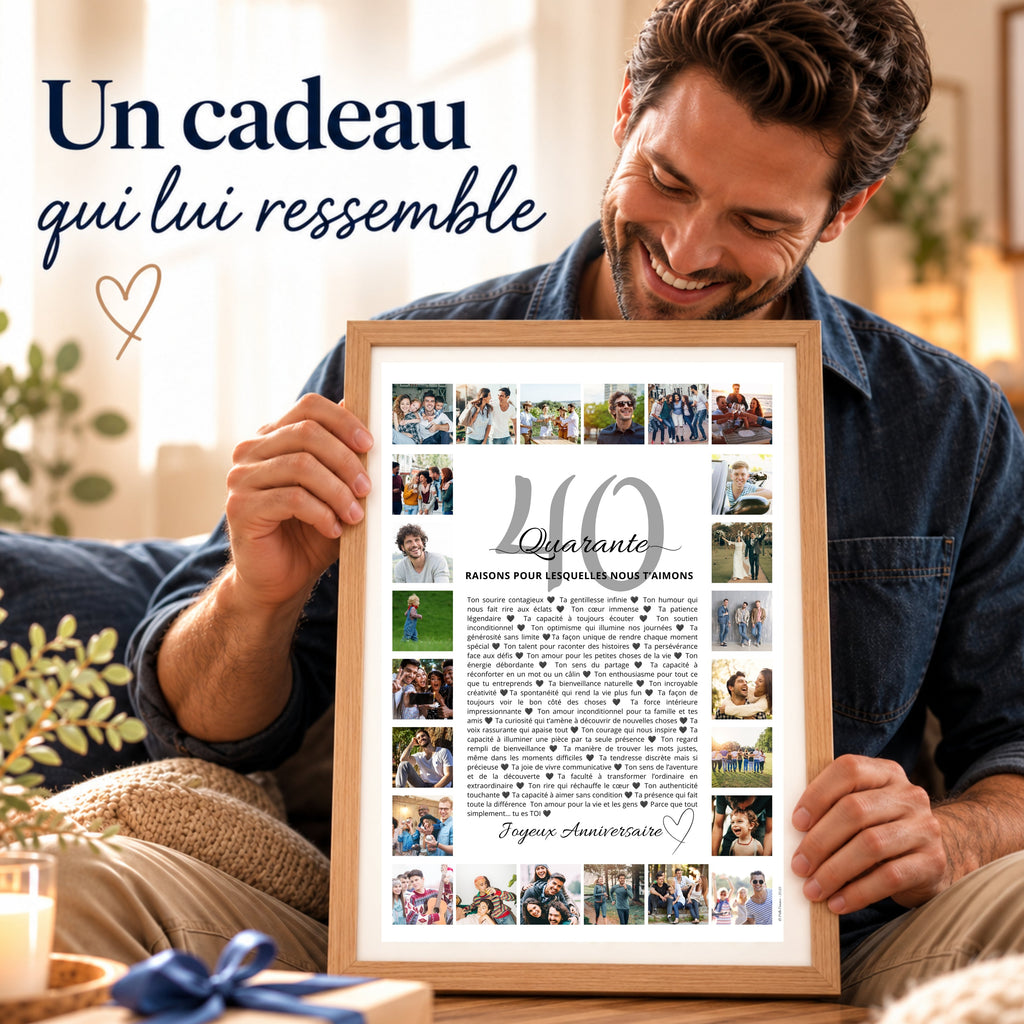 Homme souriant découvrant son cadeau d'anniversaire personnalisé pour ses 40 ans, une affiche souvenir encadrée avec ses photos.