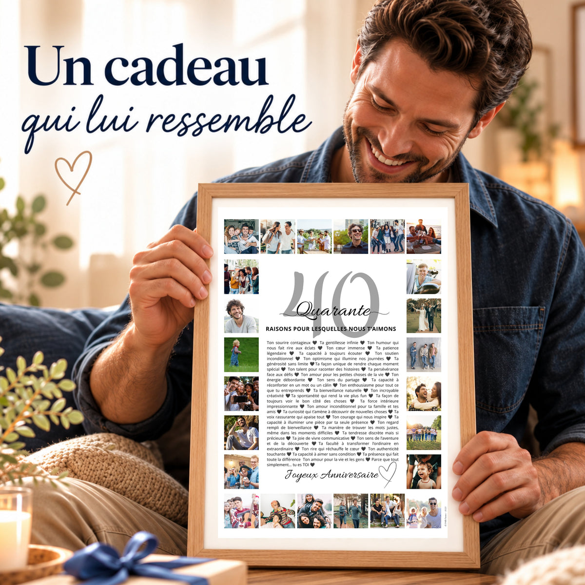 Homme souriant découvrant son cadeau d'anniversaire personnalisé pour ses 40 ans, une affiche souvenir encadrée avec ses photos.