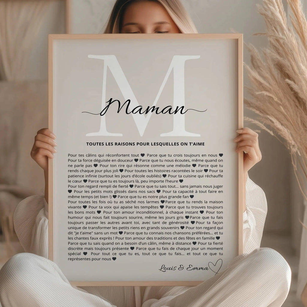 Idée cadeau maman affiche raisons d’aimer maman personnalisée avec prénoms enfants