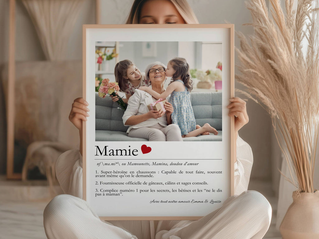 Affiche Mamie avec photo, moment de tendresse grand-mère et petit-enfant, cadeau personnalisé