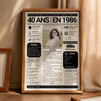 Cadeau anniversaire 40 ans femme : journal de l'année 1986 personnalisé avec photo, dans un cadre en bois naturel.