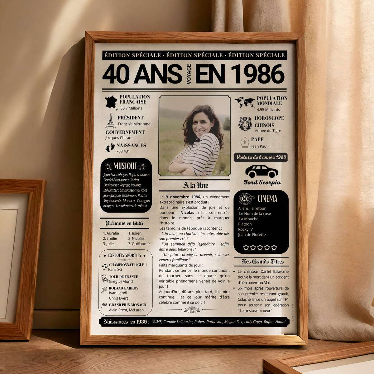 Cadeau anniversaire 40 ans femme : journal de l'année 1986 personnalisé avec photo, dans un cadre en bois naturel.