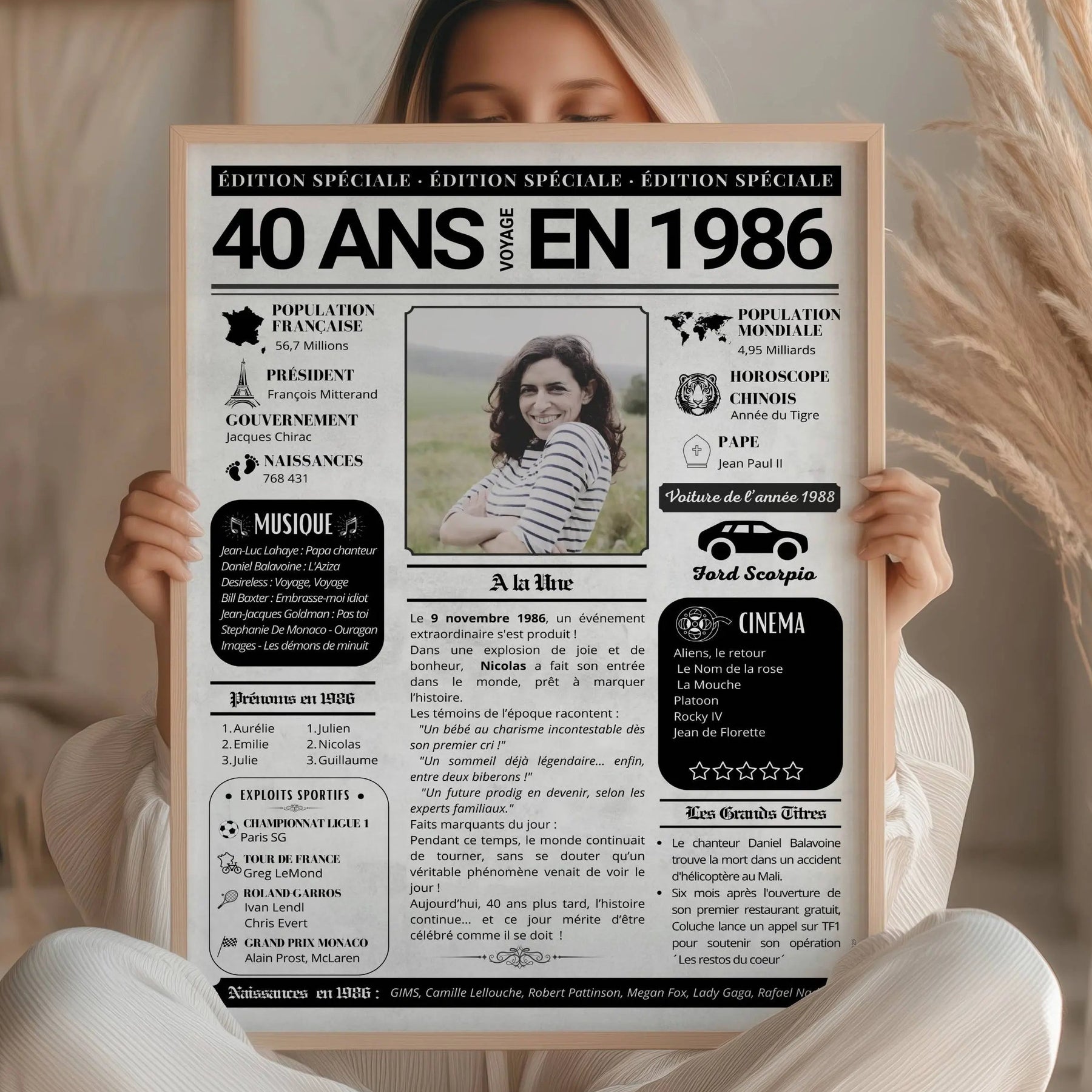 Affiche journal de l’année 1986 encadrée, une idée cadeau 40 ans personnalisée prête à offrir.