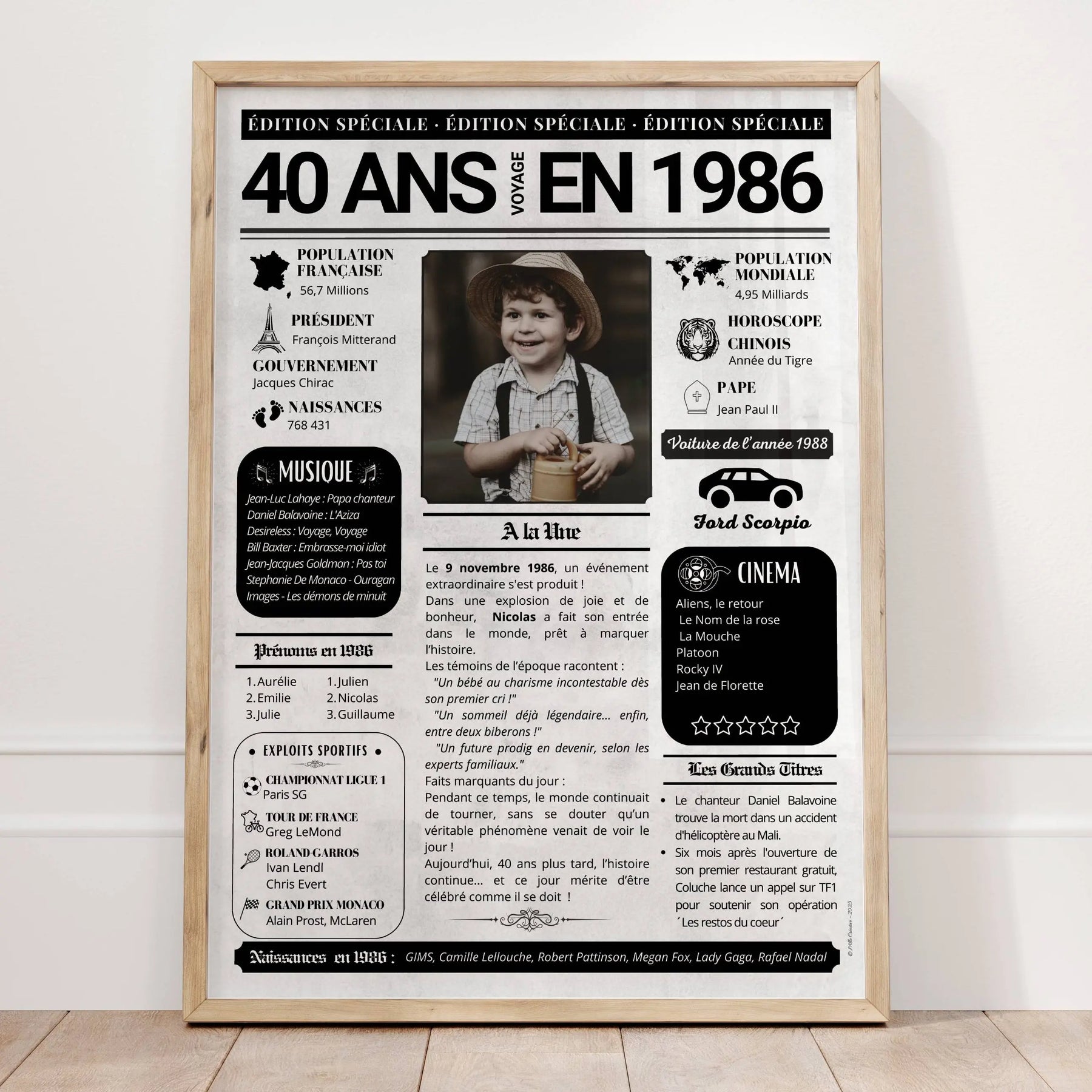 Détail d’une affiche journal de l’année 1986 avec photos personnalisées pour un cadeau anniversaire 40 ans.