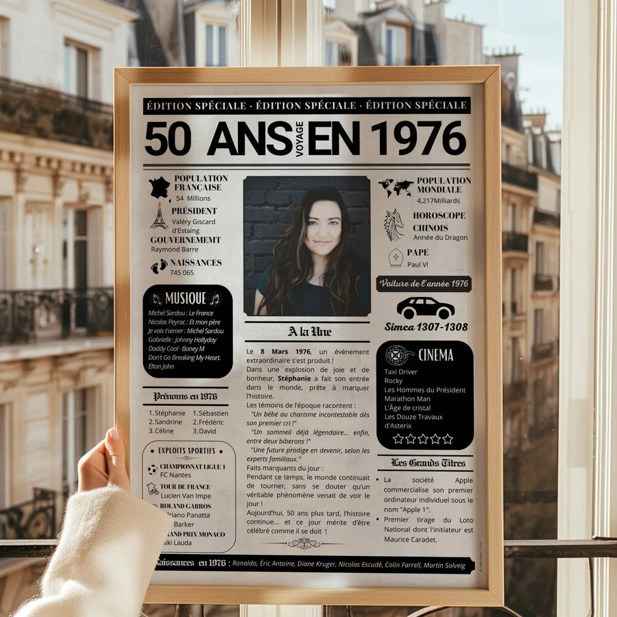 Journal de l’année 50 ans 💎 Version Signature – Encadrée prête à offrir personnalisée pour cadeau