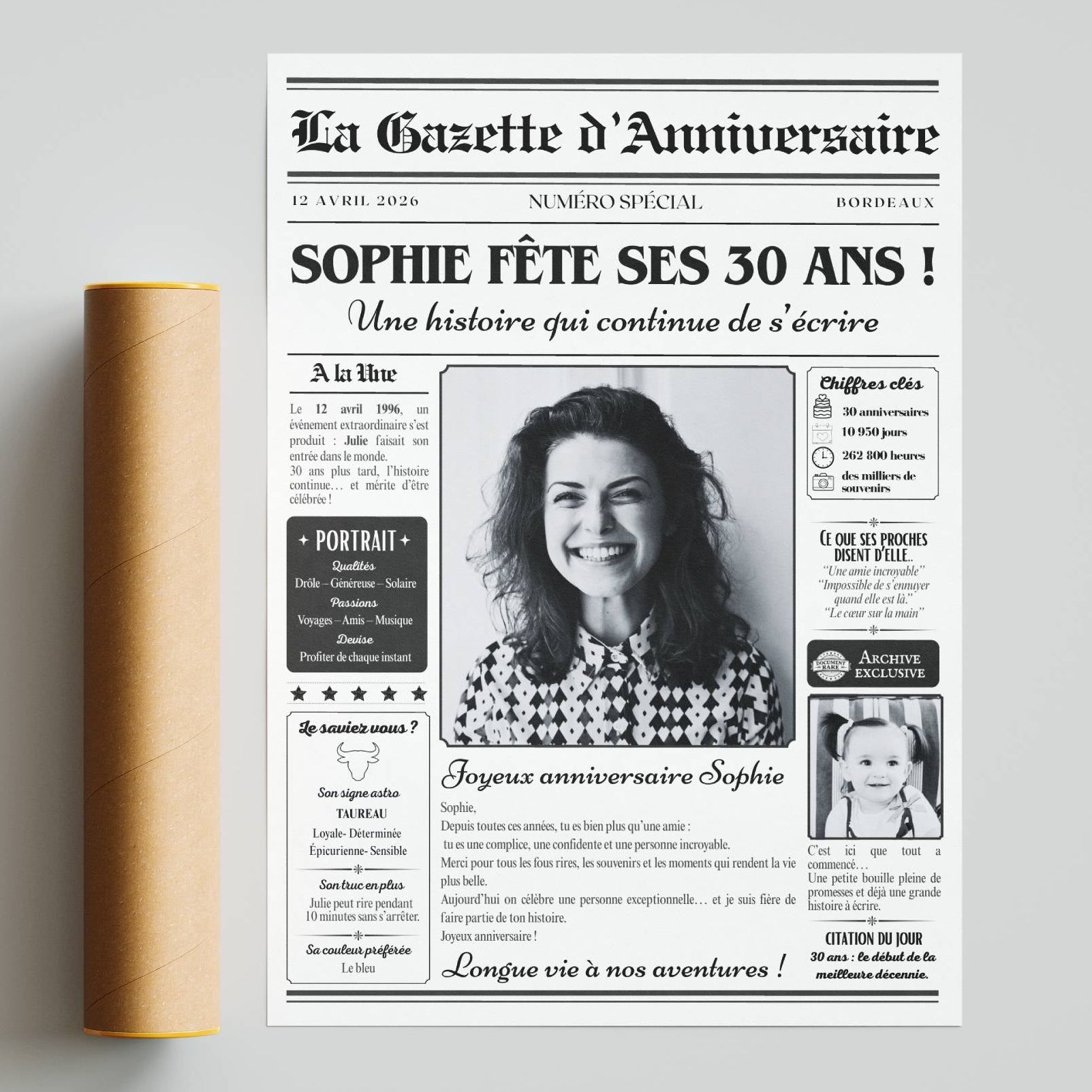 Affiche photo personnalisée 30 ans, cadeau souvenir original à offrir pour un anniversaire marquant