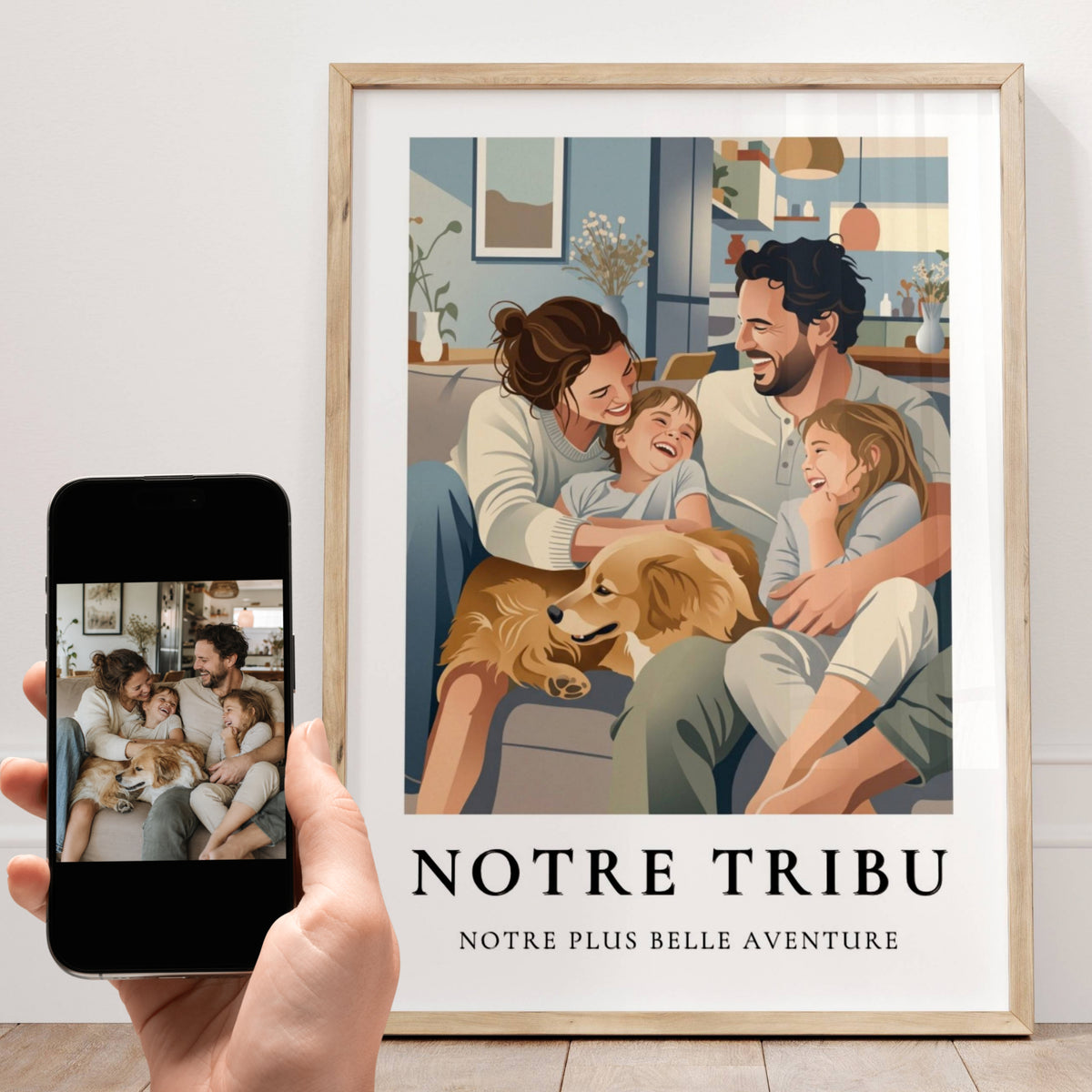 Transformation d'une photo de famille en illustration vintage personnalisée