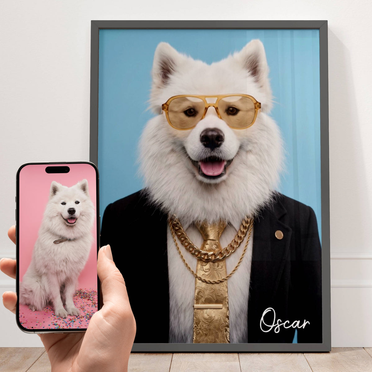 Affiche personnalisée chien créée à partir d'une photo, portrait d'un chien en costume élégant avec lunettes et prénom Oscar.