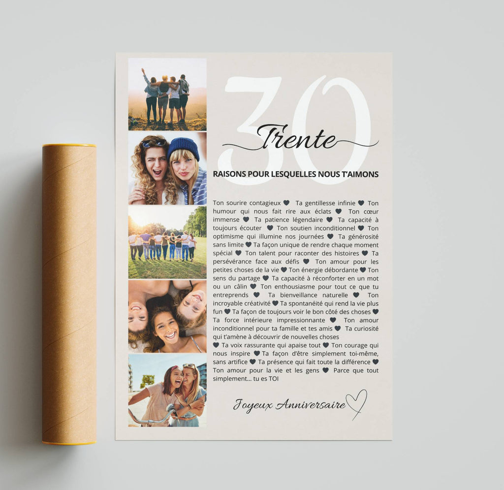 Poster 30 ans personnalisé – liste de raisons d’amour