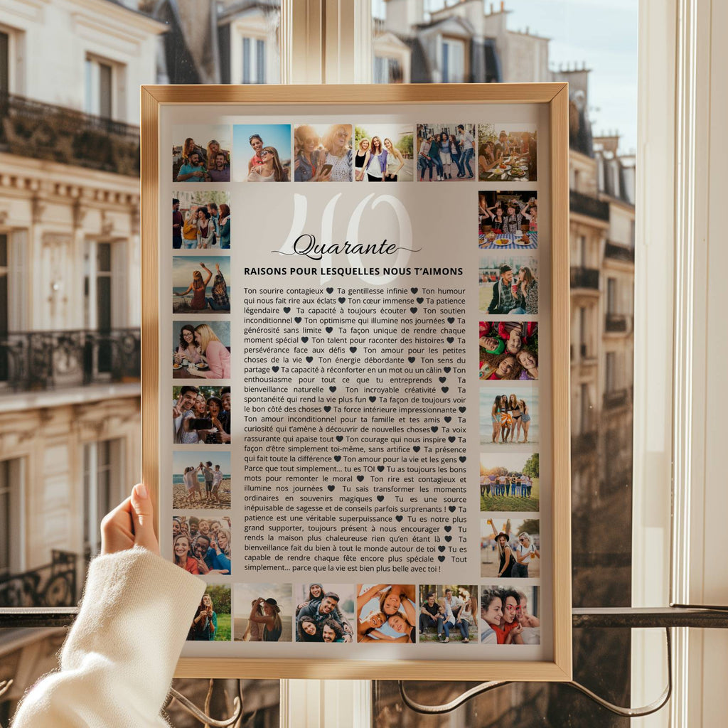 ffiche personnalisée “40 raisons pour lesquelles nous t’aimons” avec photos, cadeau émotion pour 40 ans.