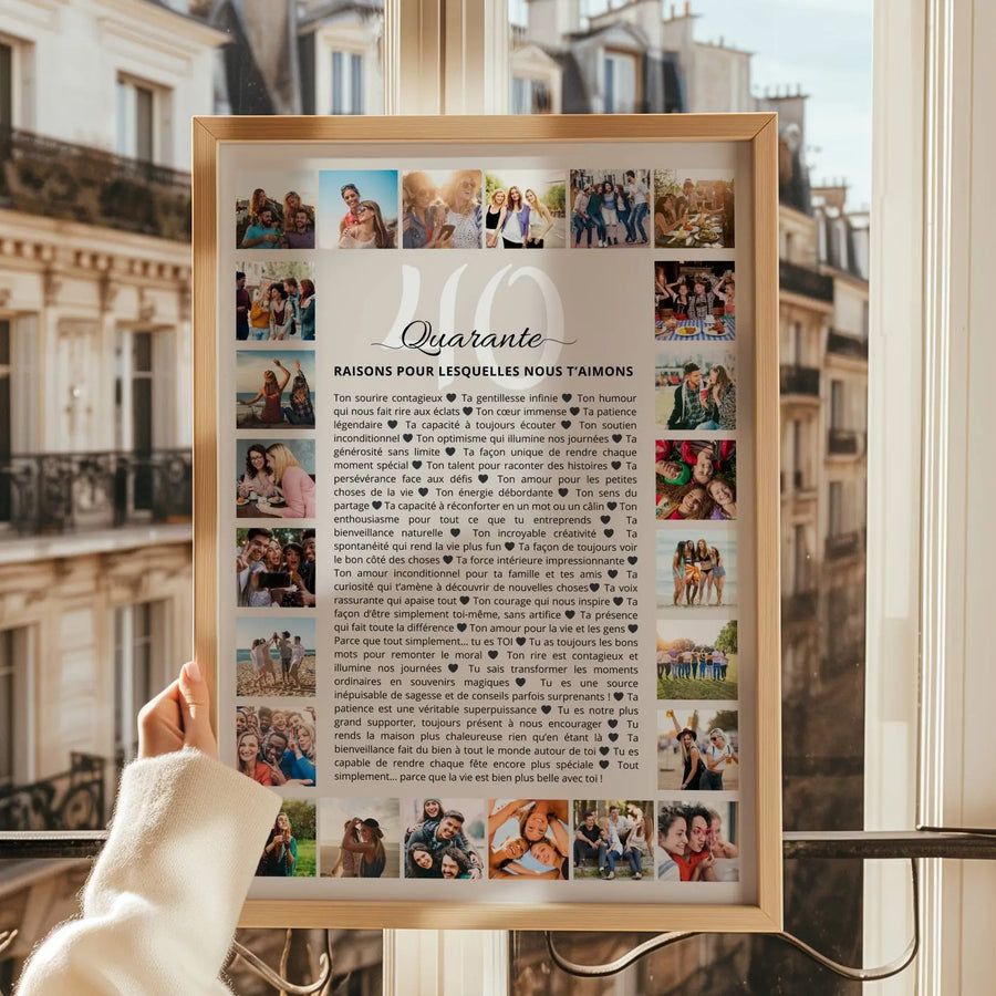 ffiche personnalisée “40 raisons pour lesquelles nous t’aimons” avec photos, cadeau émotion pour 40 ans.